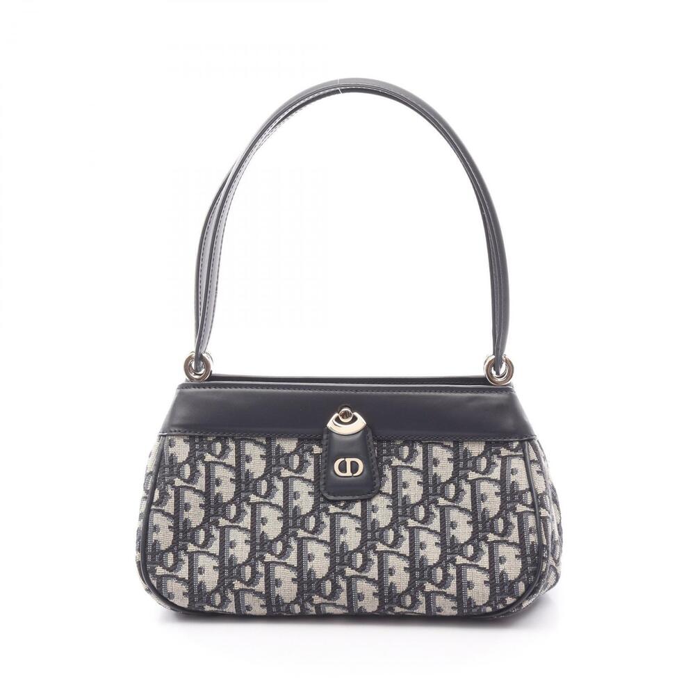 Christian Dior Oblique Key Handbag Canvas Leather Navy Blue Beige